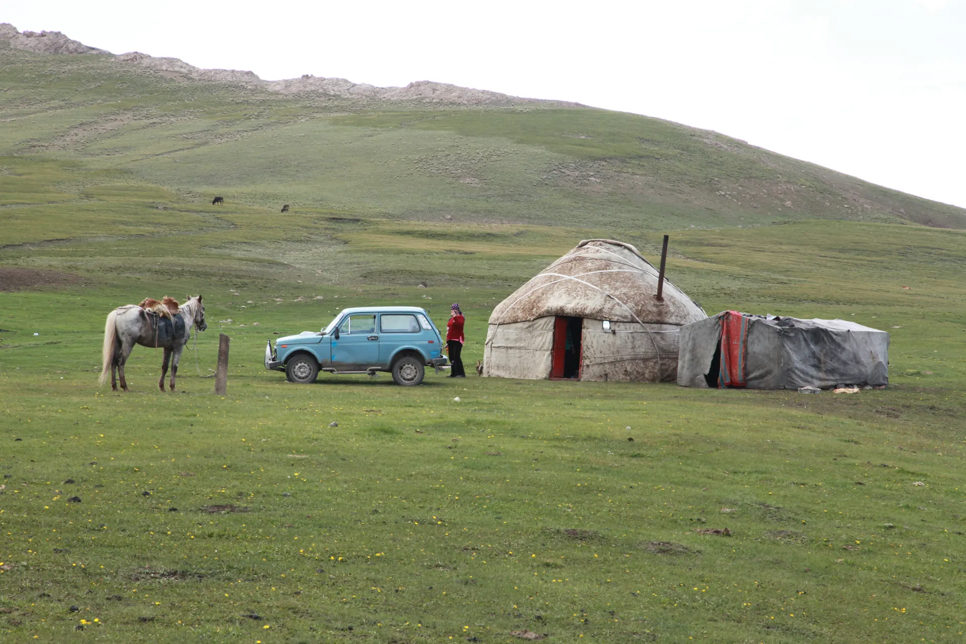 Jurta, konie i samochód terenowy na wysokich pastwiskach Kirgistanu